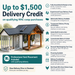 Promotional graphic for a coop purchase credit showing a small wooden chicken coop with a dark metal roof, surrounded by text callouts about delivery credit, assembly readiness, nationwide delivery, transparent pricing, Amish-built construction, customization options, personal help, financing, delivery coordination, and real people who know coop purchases.