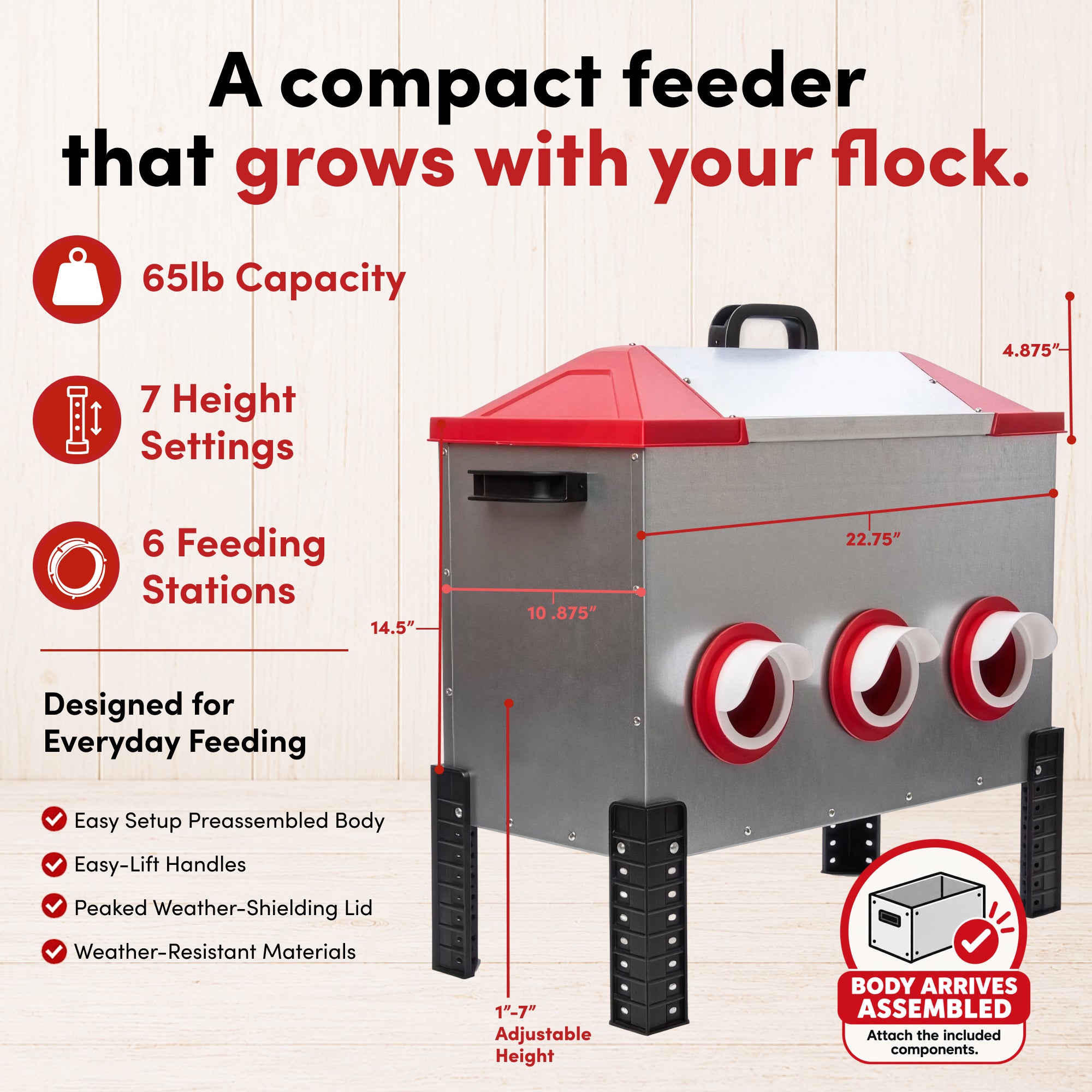 RentACoop Flock Feeder 65 lb - Large Capacity, Weatherproof Metal 6-Port Feeder for Adult Chickens, Turkeys, Ducks, and More