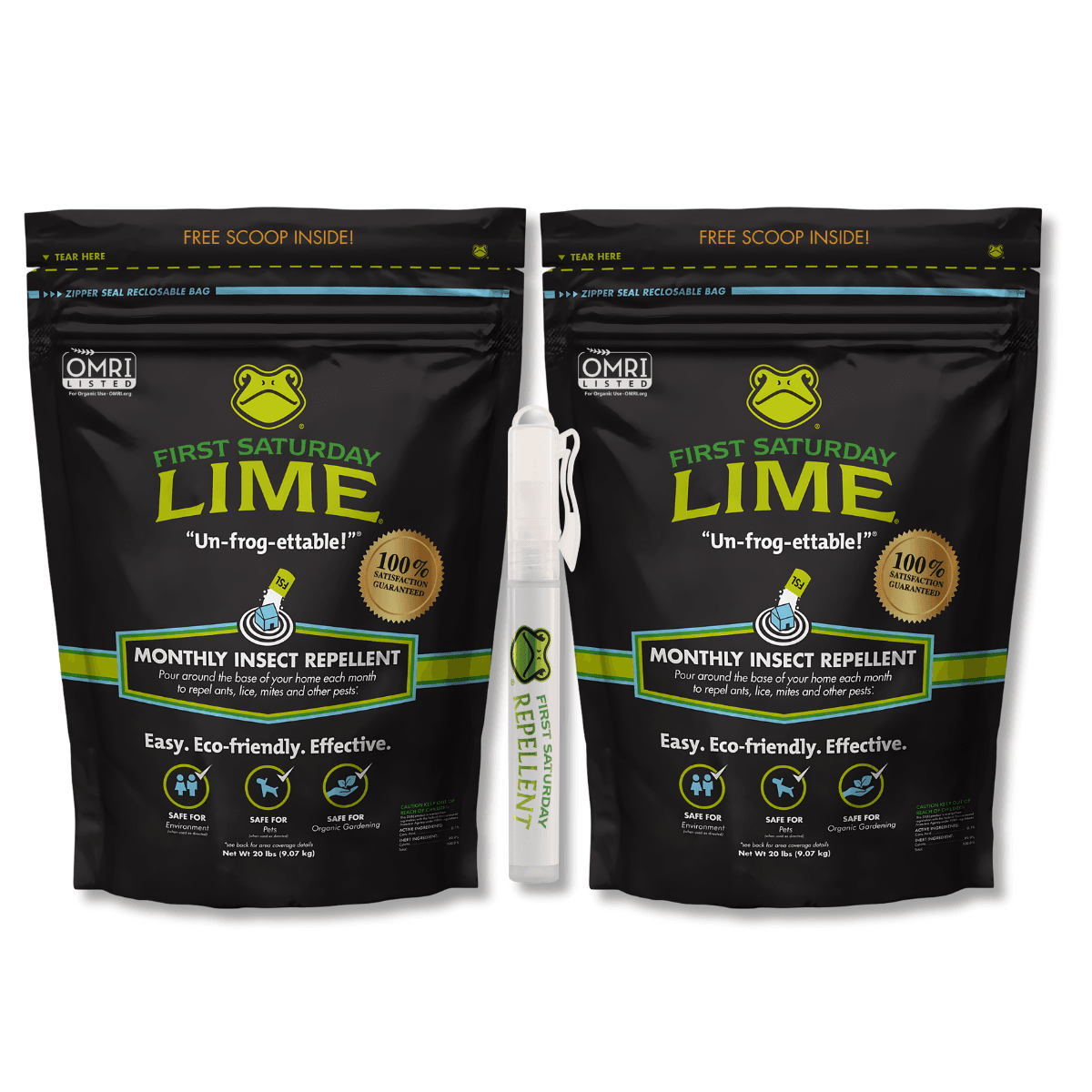 First Saturday Lime Bundle: 2 First Saturday Lime 20lb Bags and 1 10ml Eco-Friendly Insect Repellent Spray