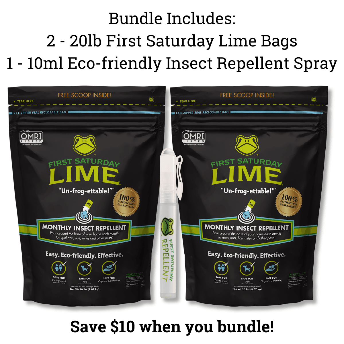 First Saturday Lime Bundle: 2 First Saturday Lime 20lb Bags and 1 10ml Eco-Friendly Insect Repellent Spray