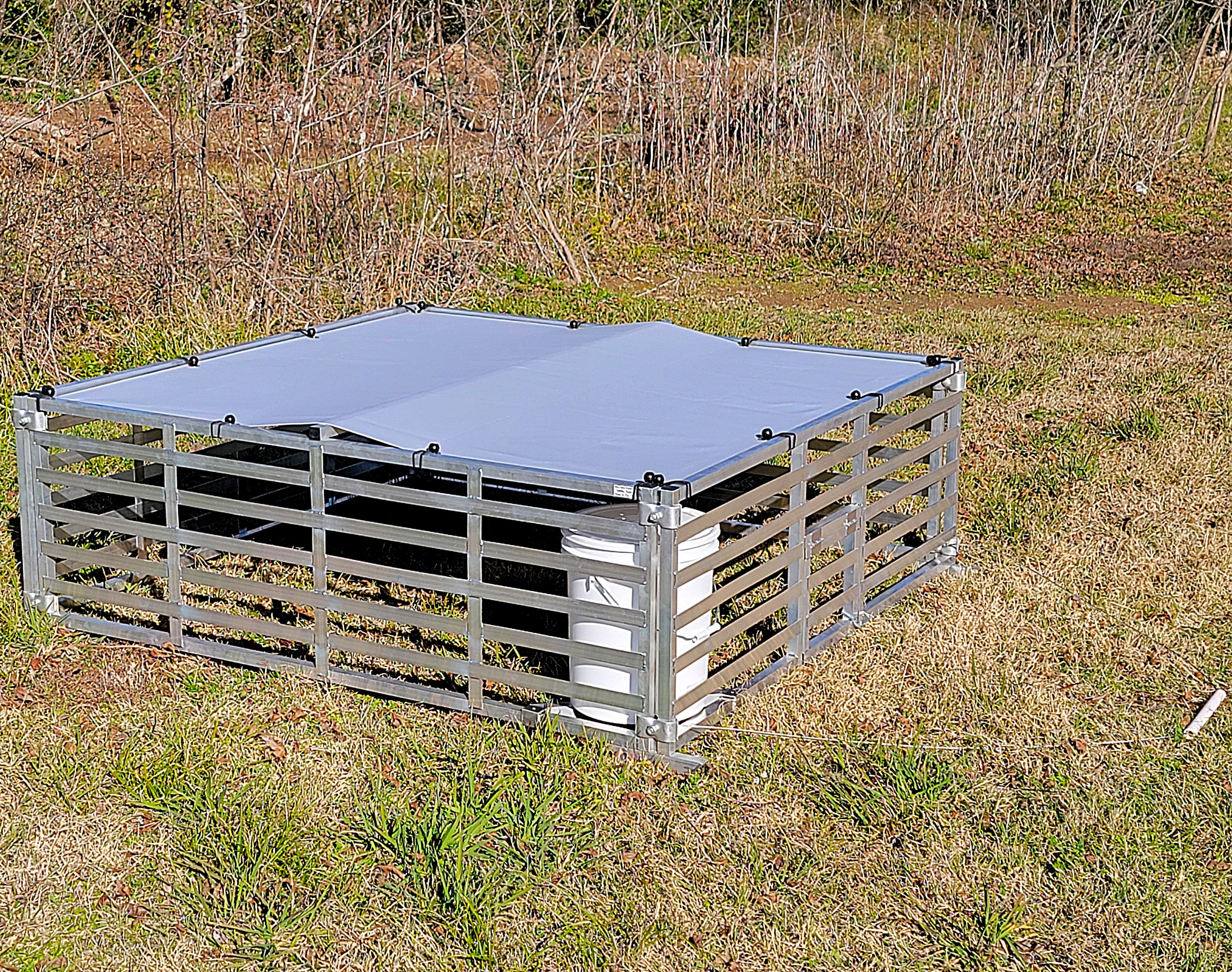 Broiler chicken tractor with 5-gallon water bucket support brace