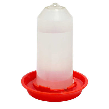 25 oz chick waterer with clear cup and red disc for young poultry.
