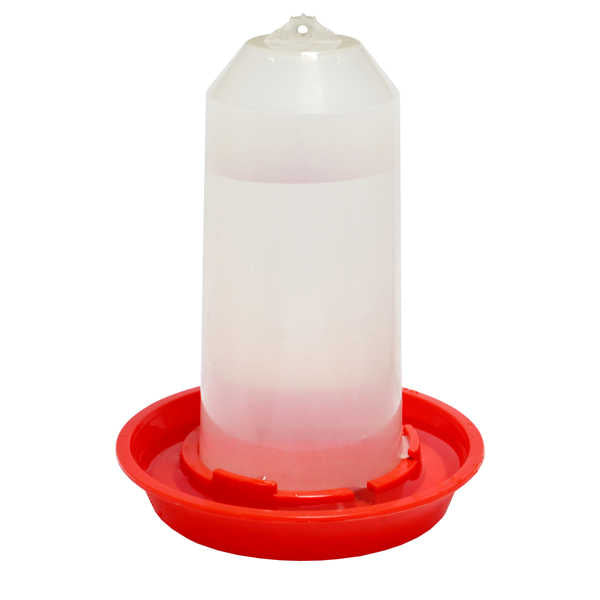 25 oz chick waterer with clear cup and red disc for young poultry.