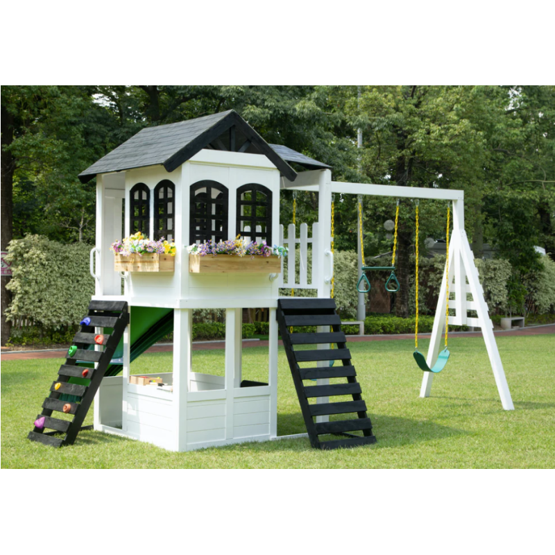 2MamaBees Reign Two Story Swing Set & Climber Black & White Farmhouse Style 6