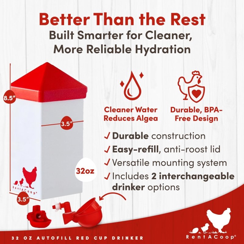 RentACoop 32oz(1L) Automatic Drinker with Auto-Fill Cup and Horizontal Nipple