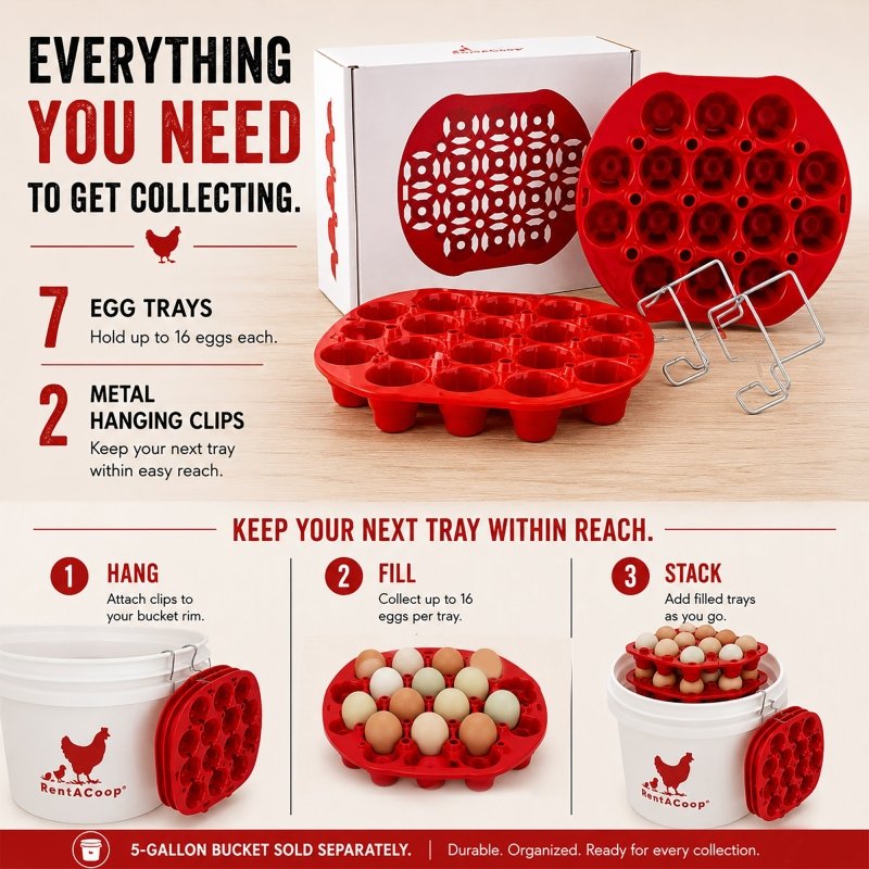 RentACoop Seven (7) Pack Stackable Egg Collection Trays With Two Metal Hanging Clips