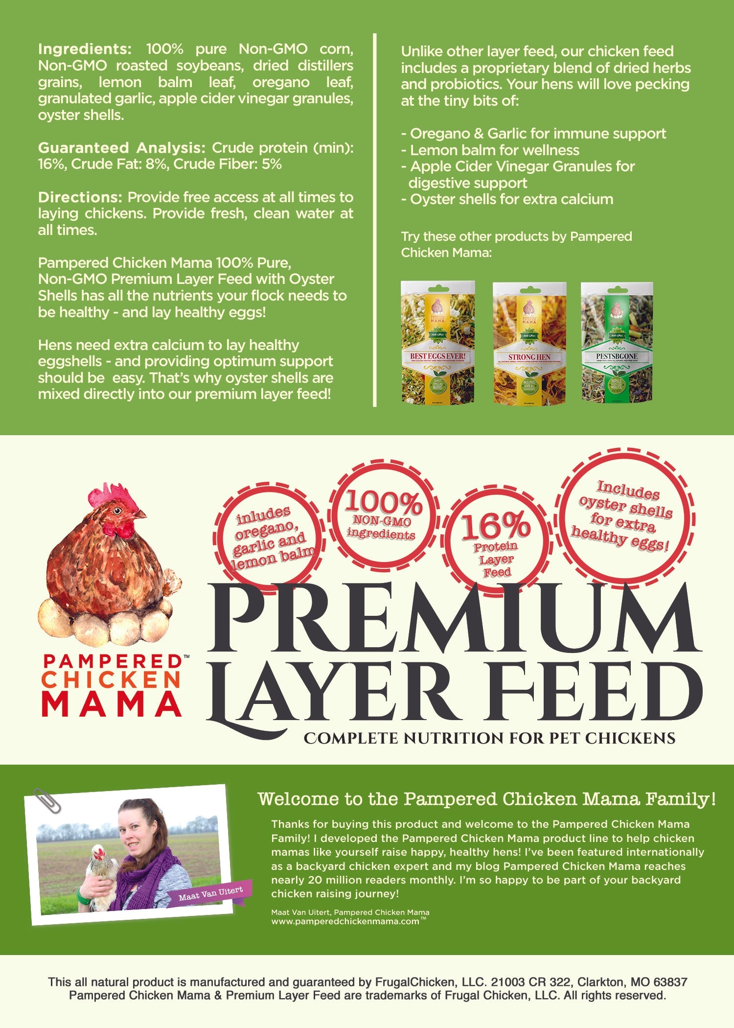 Pampered Chicken Mama Non-GMO Herbal Layer Feed With Oregano & Garlic - [Oyster Shells Pre-mixed in]