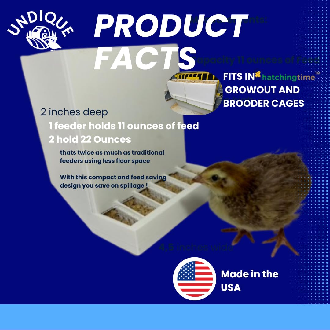 Button Quail Feeders (2), Adjustable Spill-Resistant Design Made in USA product facts dimensions