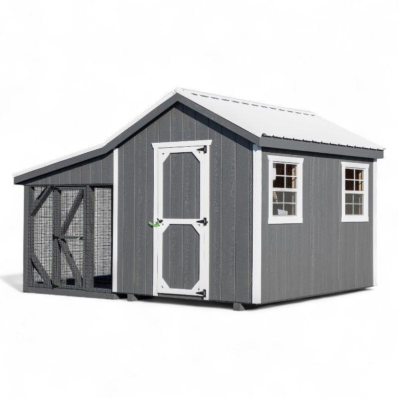 A-frame Coop with Lean To Run A810LRC | Hen House Collection front of chicken coop