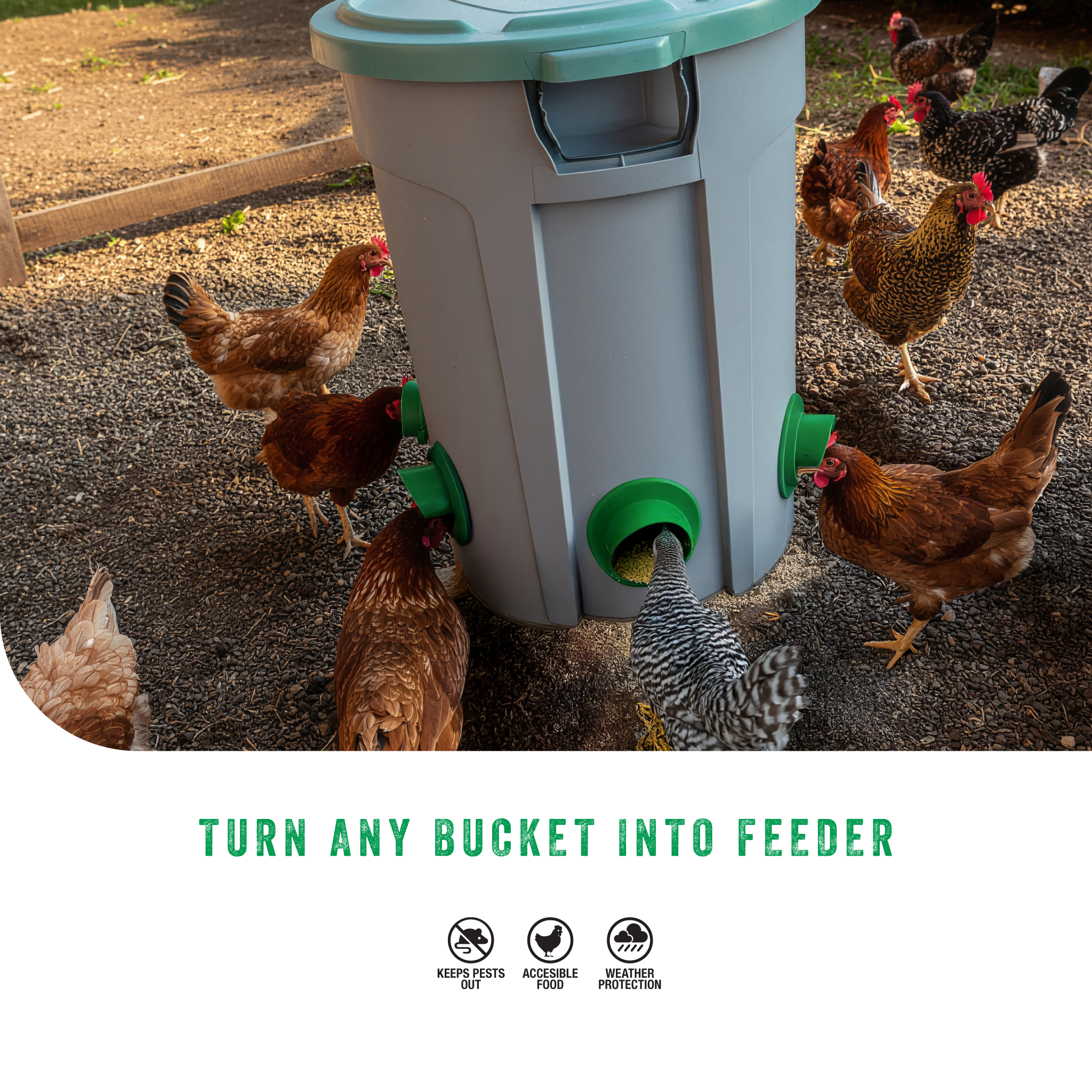 ABS plastic chicken feeder conversion kit for a bucket, bin, or tote