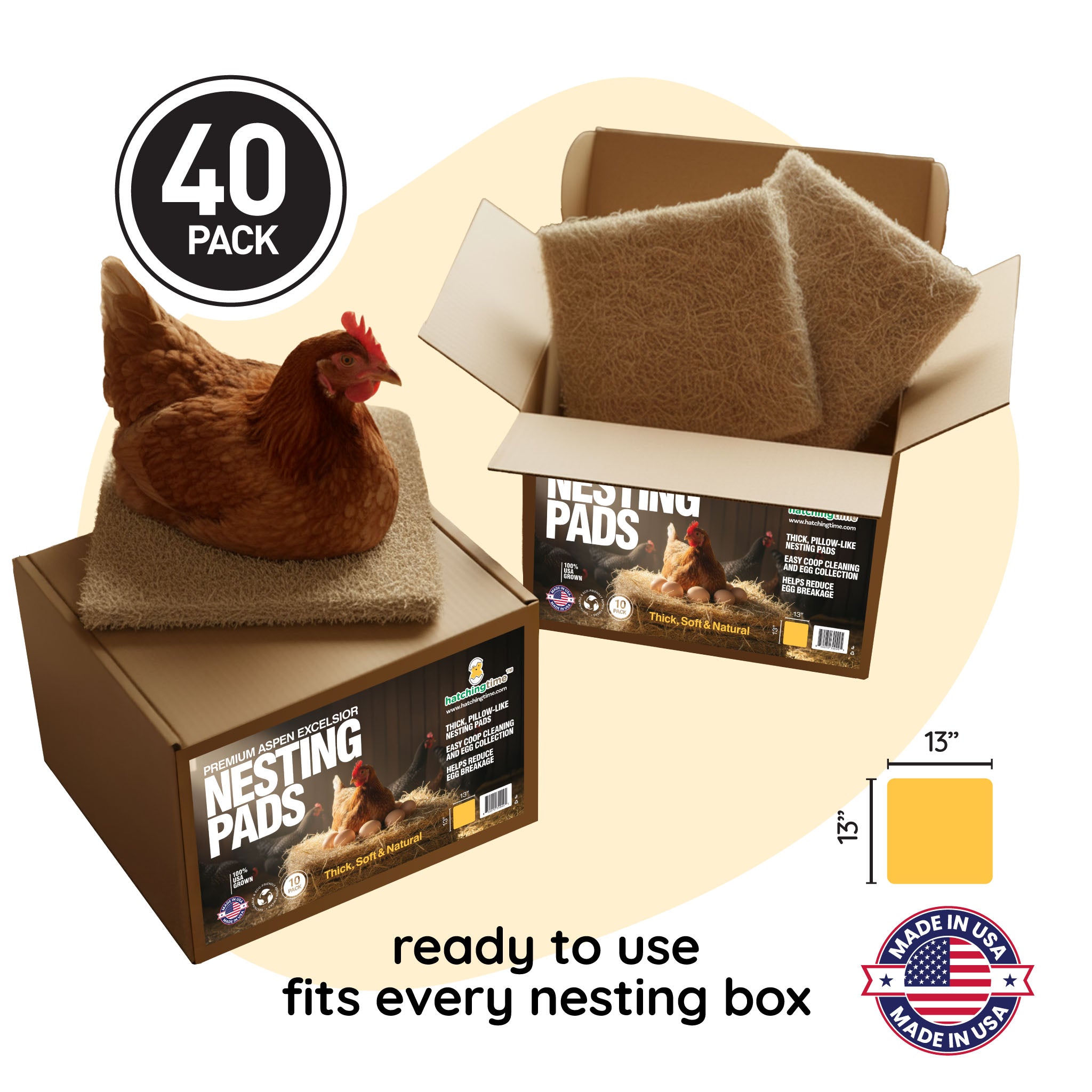 Aspen excelsior nesting pad for chicken eggs in a roll-out or stationary nesting box.