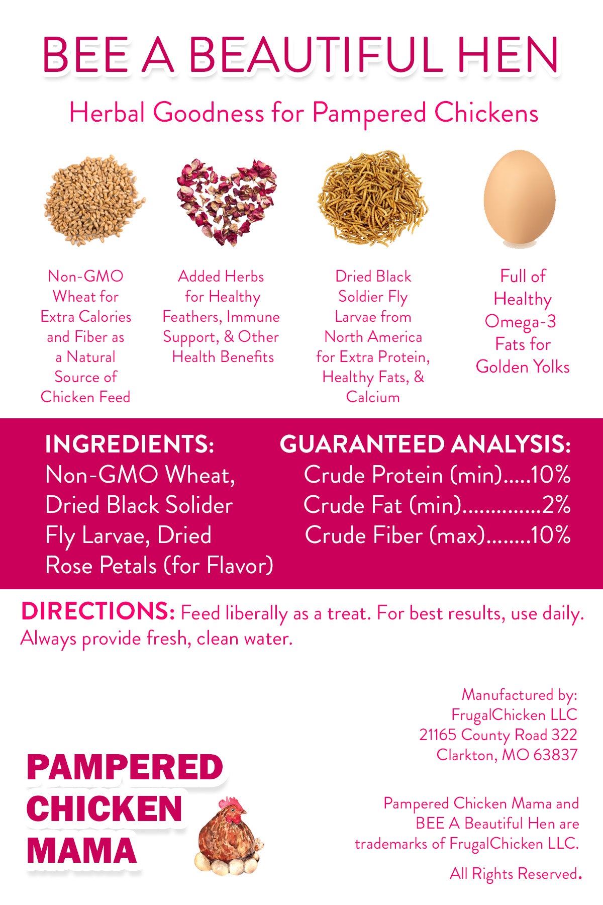 Pampered Chicken Mama BEE A Beautiful Hen Herbal Treat With Mealworms, Wheat, & Rose Petals For Chickens ingredients and guaranteed analysis