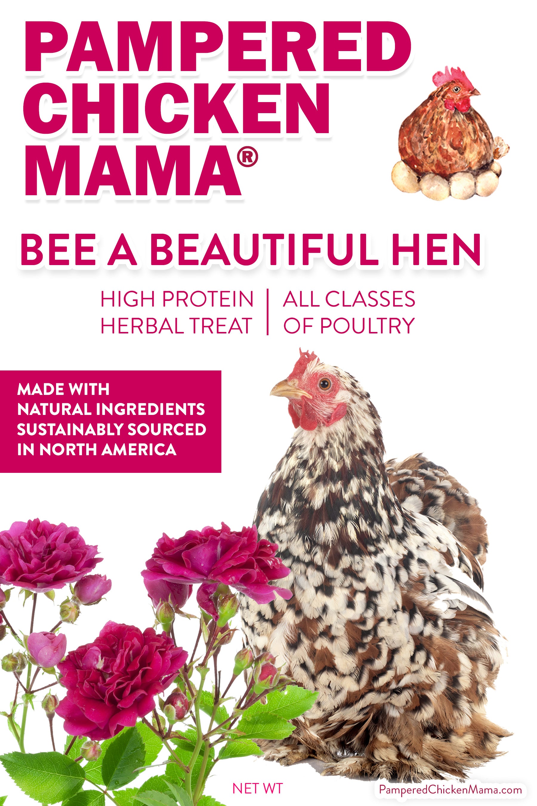 Pampered Chicken Mama BEE A Beautiful Hen Herbal Treat With Mealworms, Wheat, & Rose Petals For Chickens made in natural ingredients
