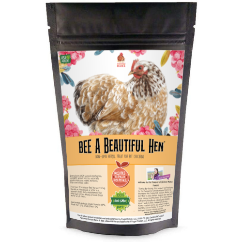 Pampered Chicken Mama BEE A Beautiful Hen Herbal Treat With Mealworms, Wheat, & Rose Petals For Chickens packaging