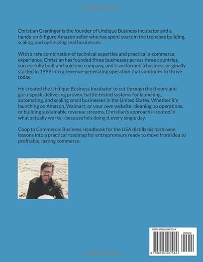 Back cover of From Coop to Commerce: The Quail Business Handbook for the USA, featuring the author's biography, and portrait