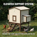 Backyard chicken coop with four nesting compartments and dual-side egg collection access.
