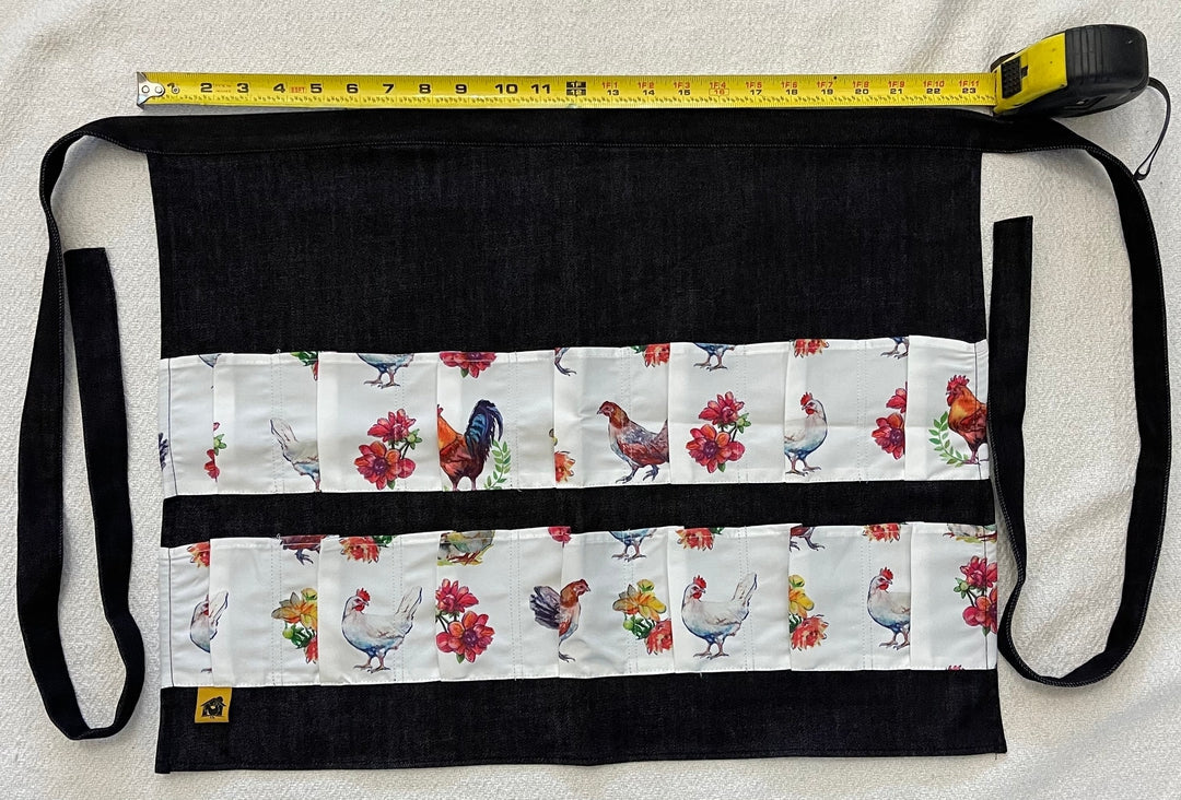 Black denim chicken egg apron width measurement