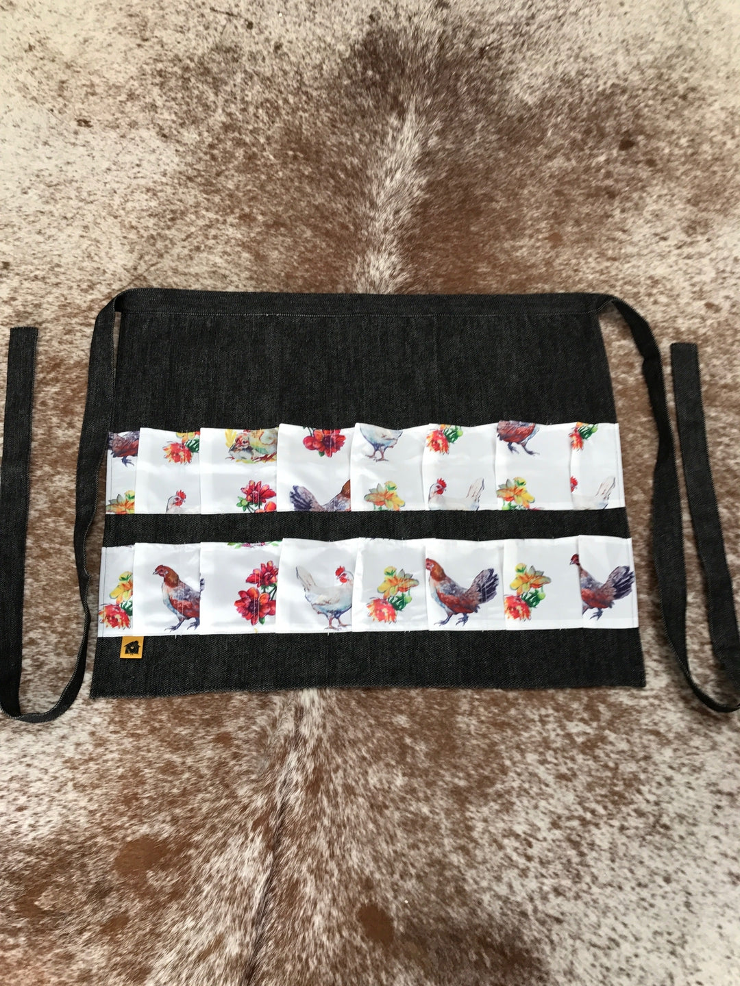Black denim chicken egg apron with 14 egg pockets