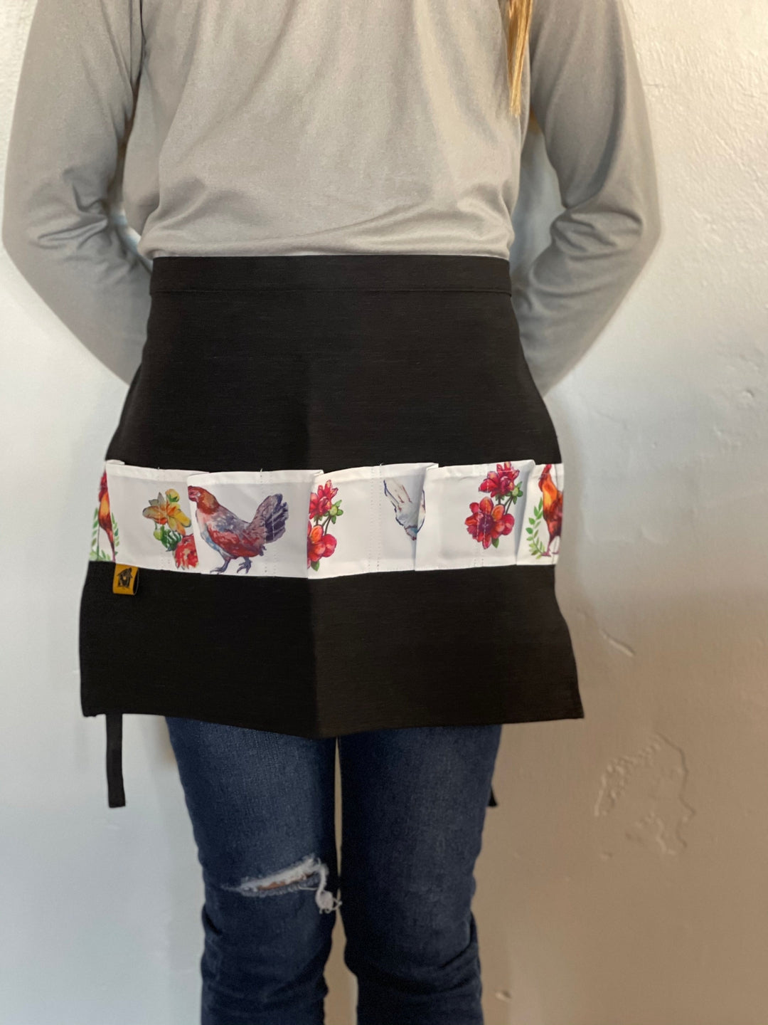 Black denim chicken egg apron with 5 egg pockets