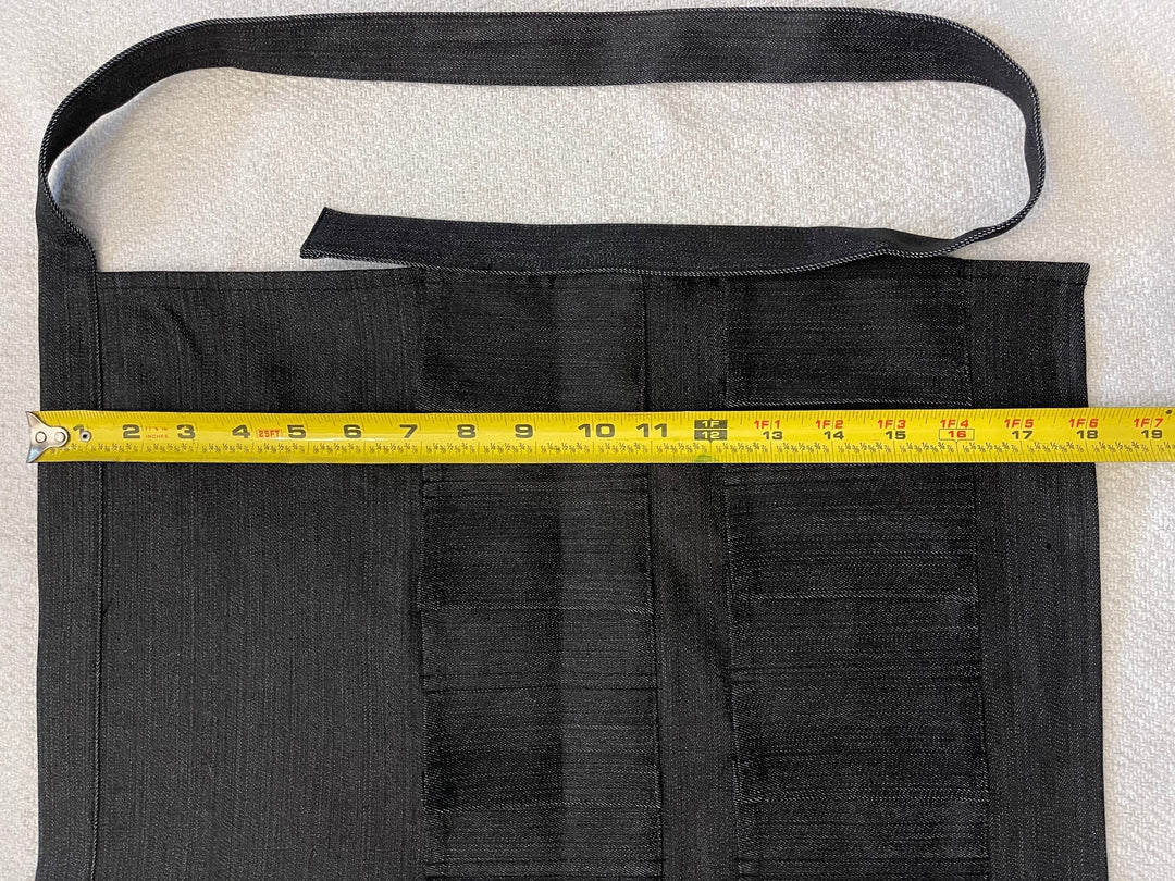Black denim egg gathering apron length measurement for adult