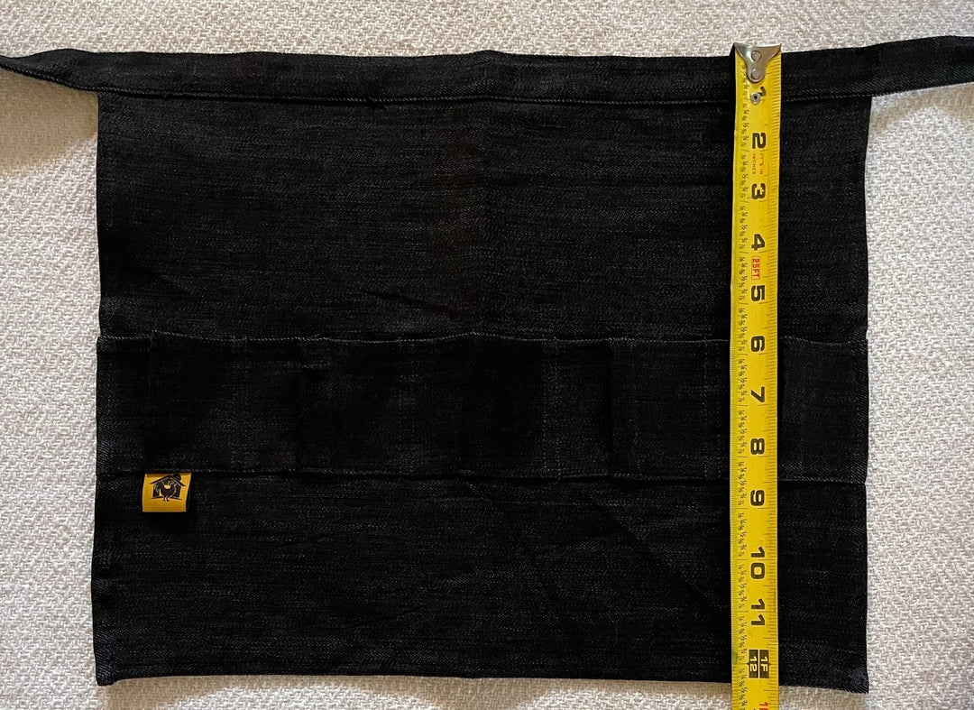Black denim egg gathering apron length measurement for kids