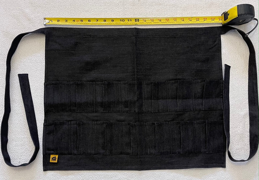 Black denim egg gathering apron width measurement for adult
