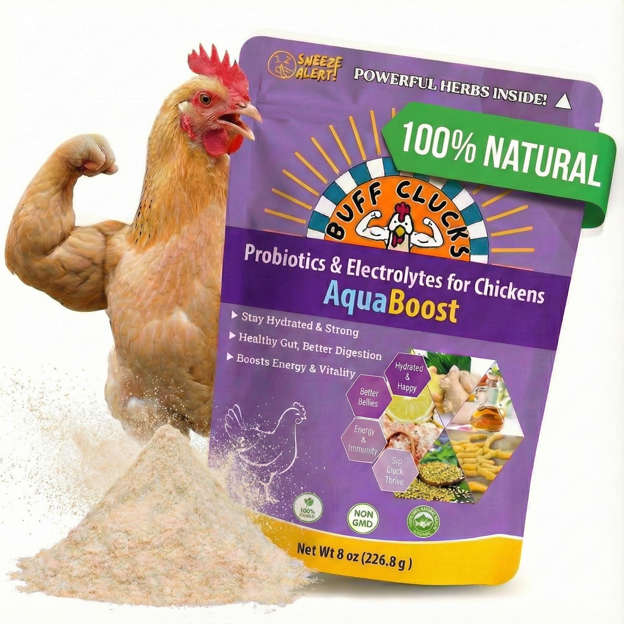 Buff Clucks AquaBoost electrolytes and probiotics for chickens 8 oz