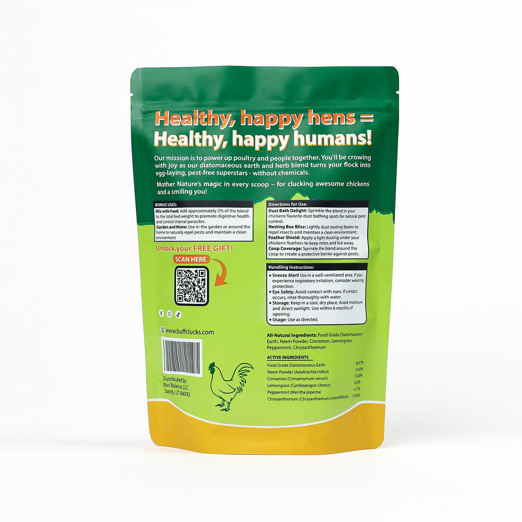 Buff Clucks CoopShield Herbal Pest Defense for Chickens back label packaging