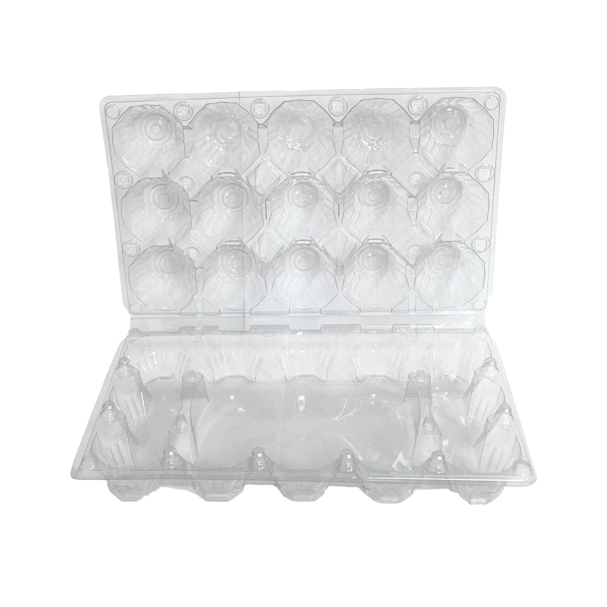 Bulk clear plastic egg cartons for farm-fresh chicken egg packaging and sales.