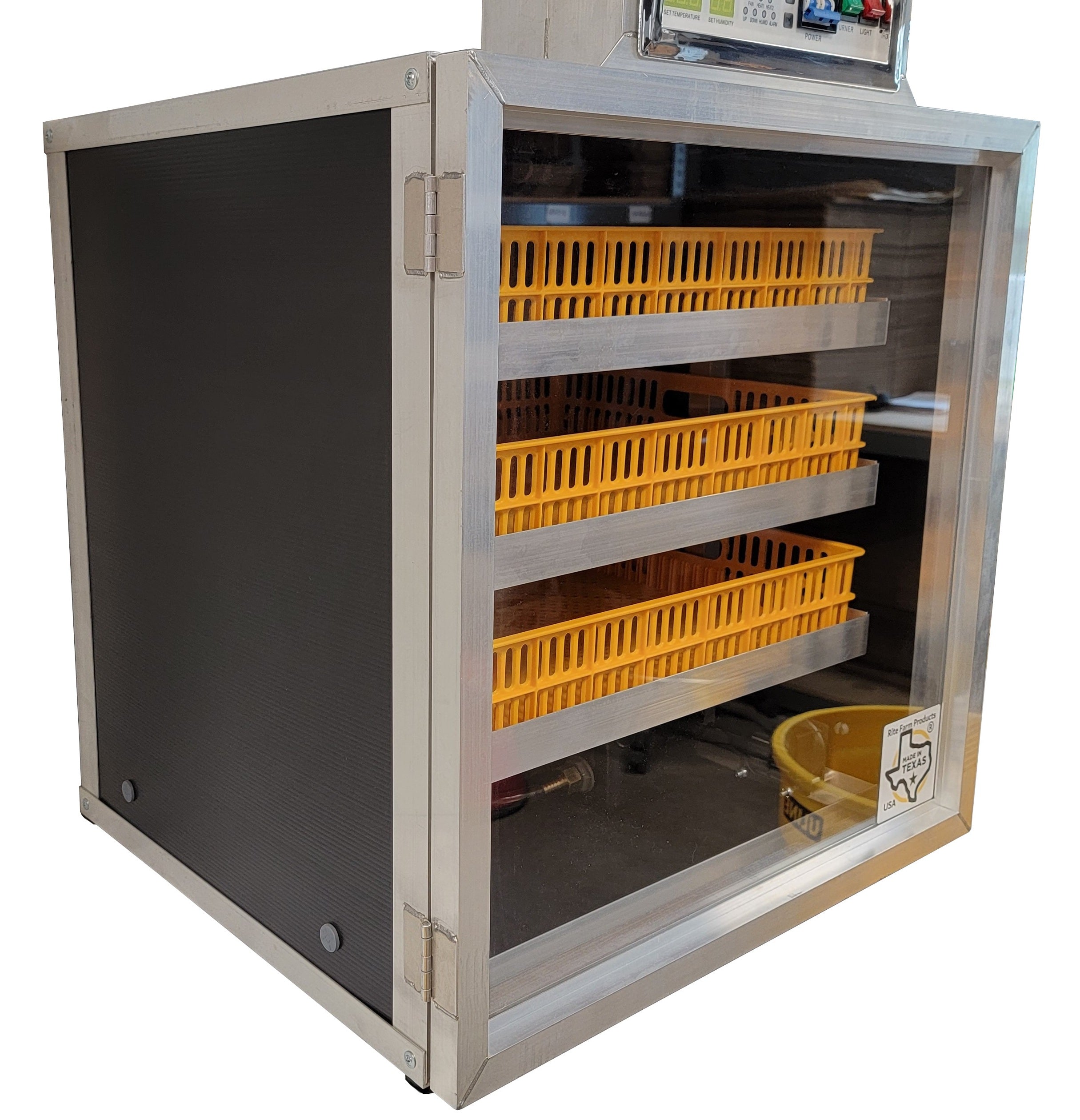 Cabinet chicken egg incubator with three automatic turning trays and hatcher baskets