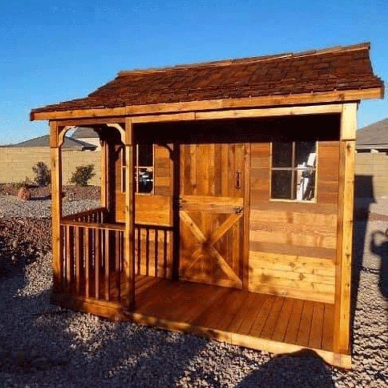 CedarShed Kids Bunkhouse front with small porch cedar roof