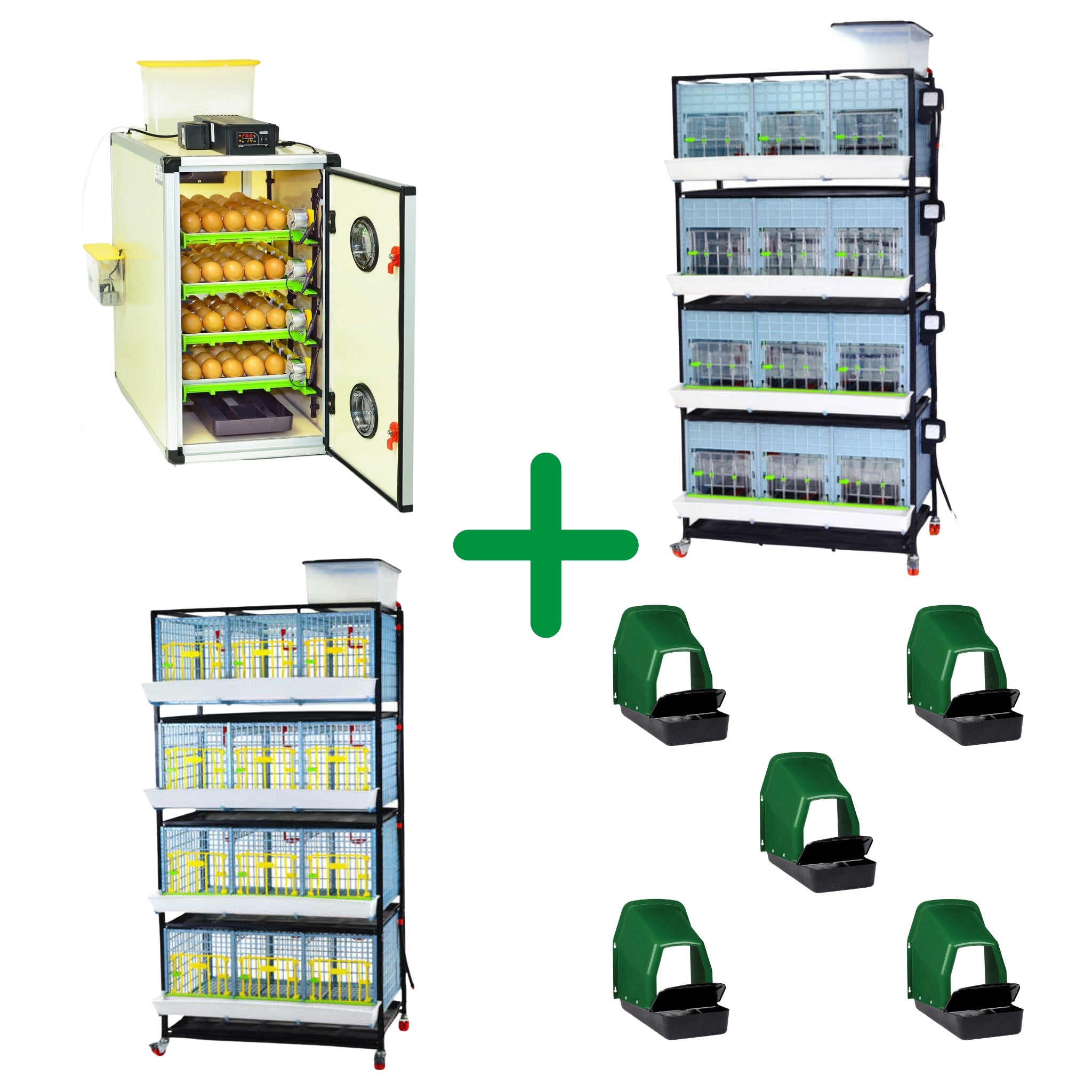 Chicken hatching and raising kit with incubator, chick brooder, grow-out pen, and roll-out nesting boxes