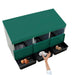 Chicken nesting box with three green roll-out trays for convenient egg collection.