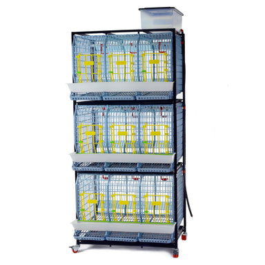 Cimuka COMFORTPLAST 3-tier chicken breeding cage with plastic flooring and roll-out egg collection trays.