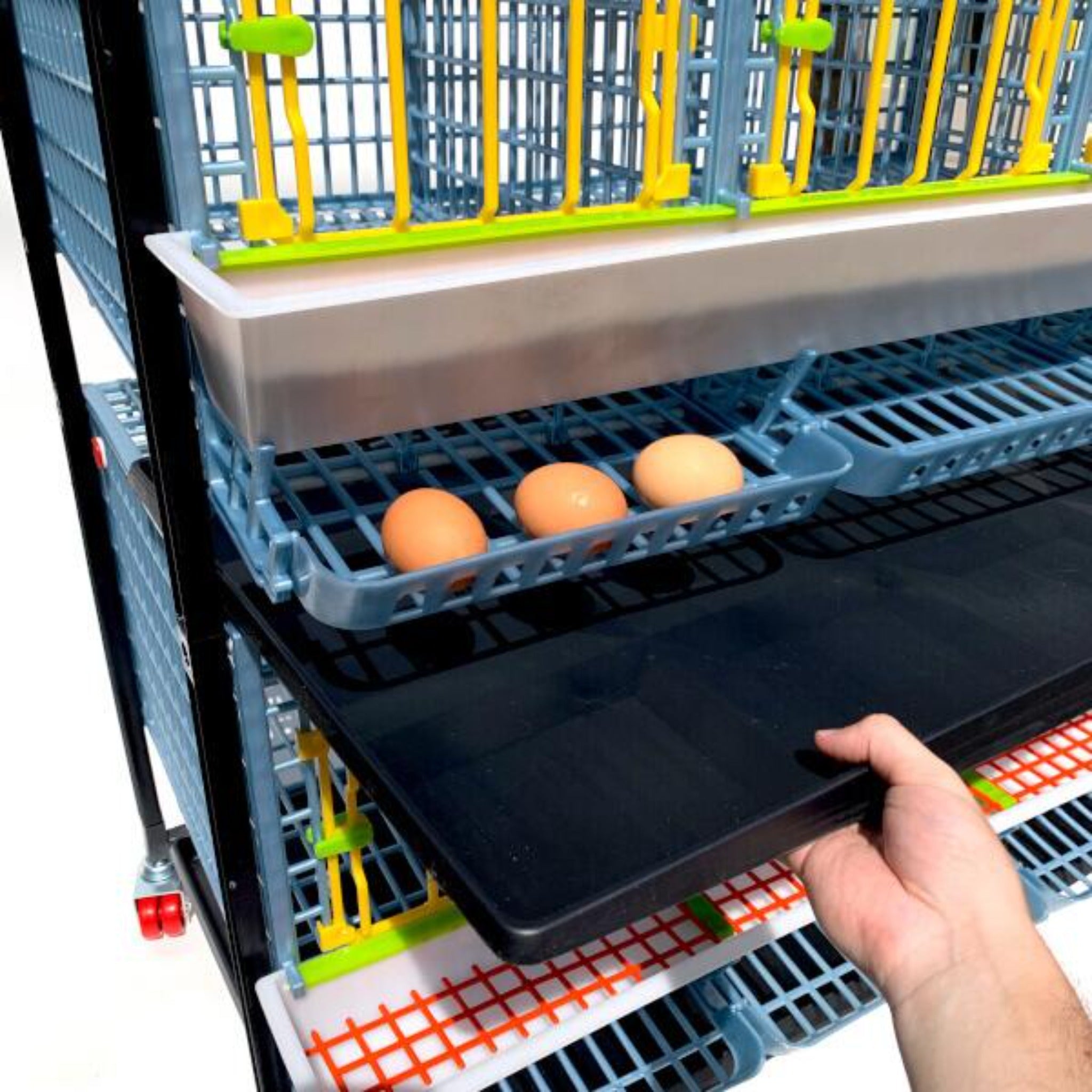 Cimuka COMFORTPLAST plastic chicken breeding cage with three stackable layers for bantams.