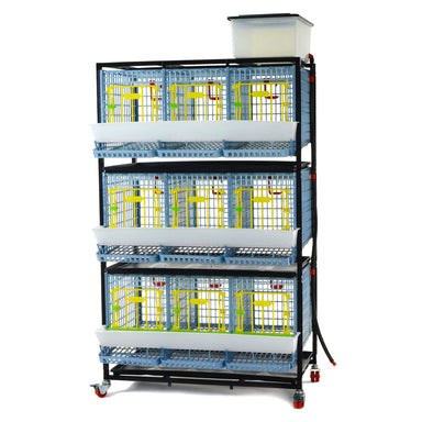 Cimuka COMFORTPLAST three-layer chicken breeding cage for 9–18 bantam chickens.