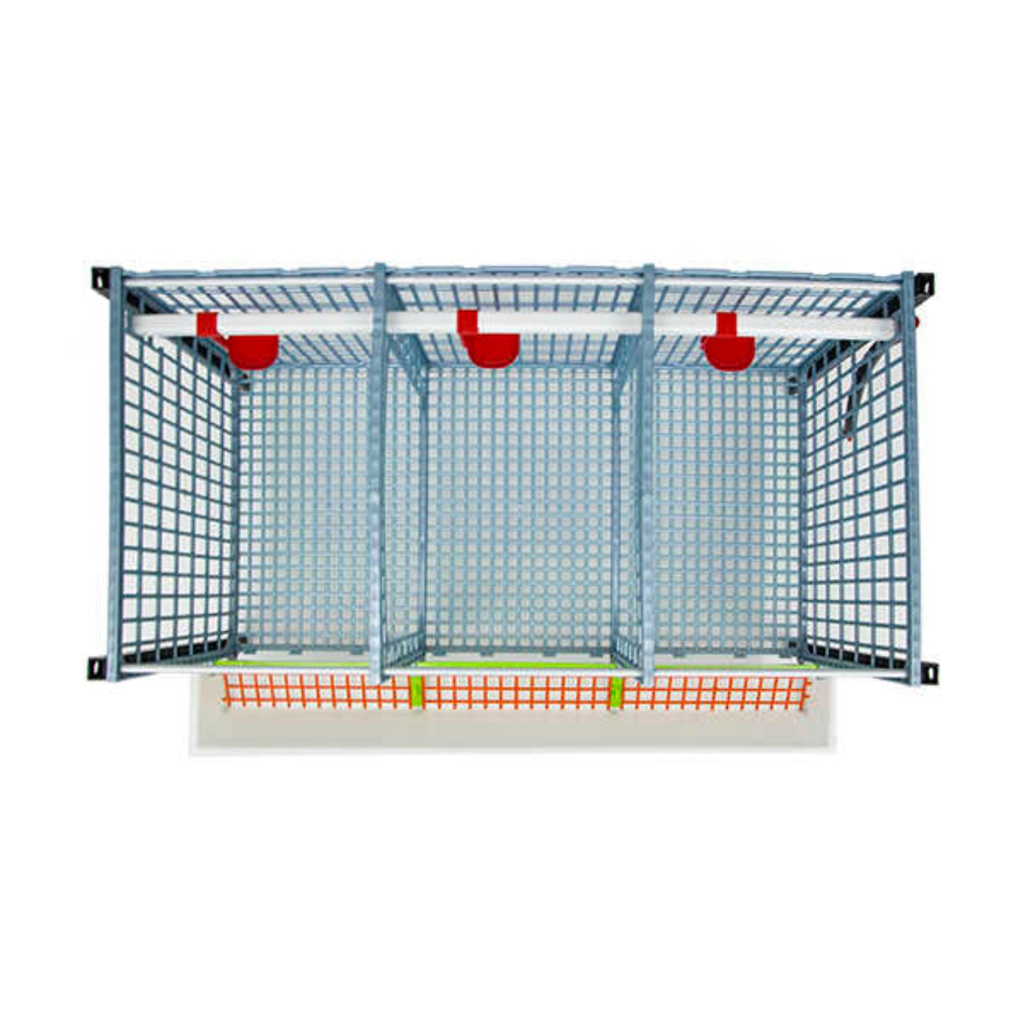 Cimuka grow-out pen featuring Comfortplast elliptical flooring, red feed grills, and automatic nipple drinkers.