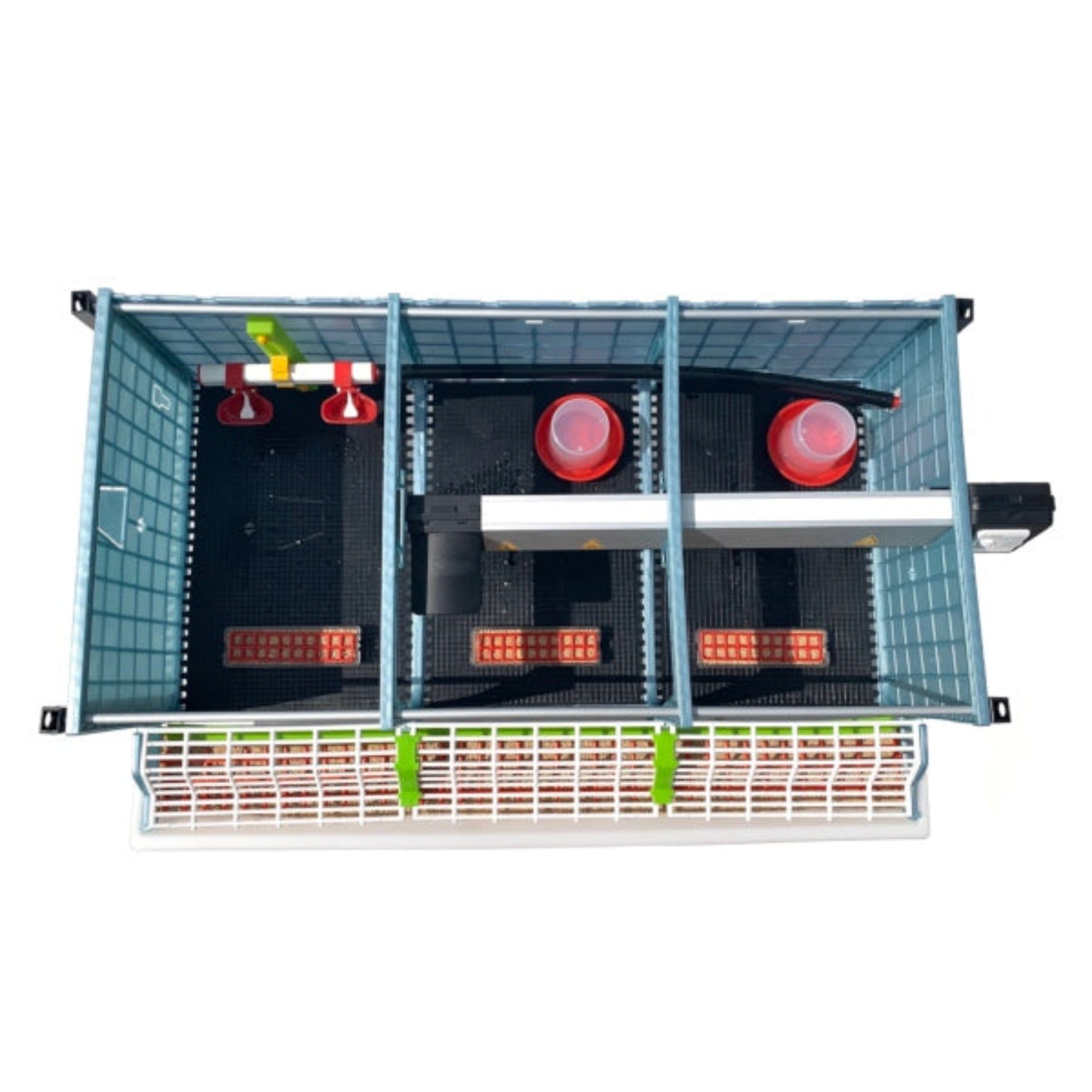 Cimuka stackable game bird brooder with gravity-fed watering system and deeper waste trays.