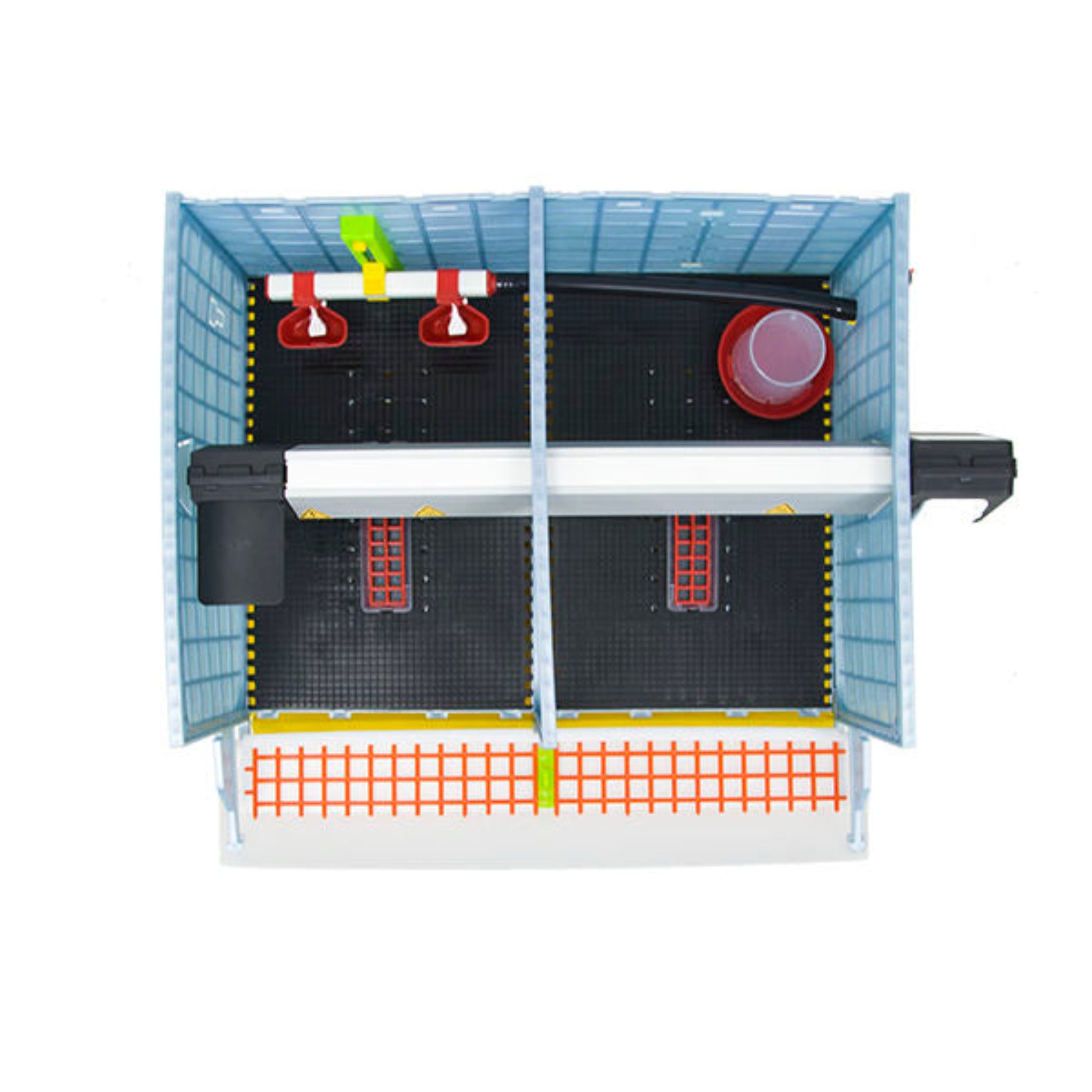 Cimuka two-section poultry brooder with adjustable drinkers.