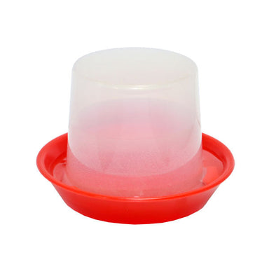 Clear 12 oz chick waterer cup with red locking disc for young poultry.