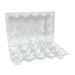 Clear plastic chicken egg carton designed to hold 15 chicken eggs.