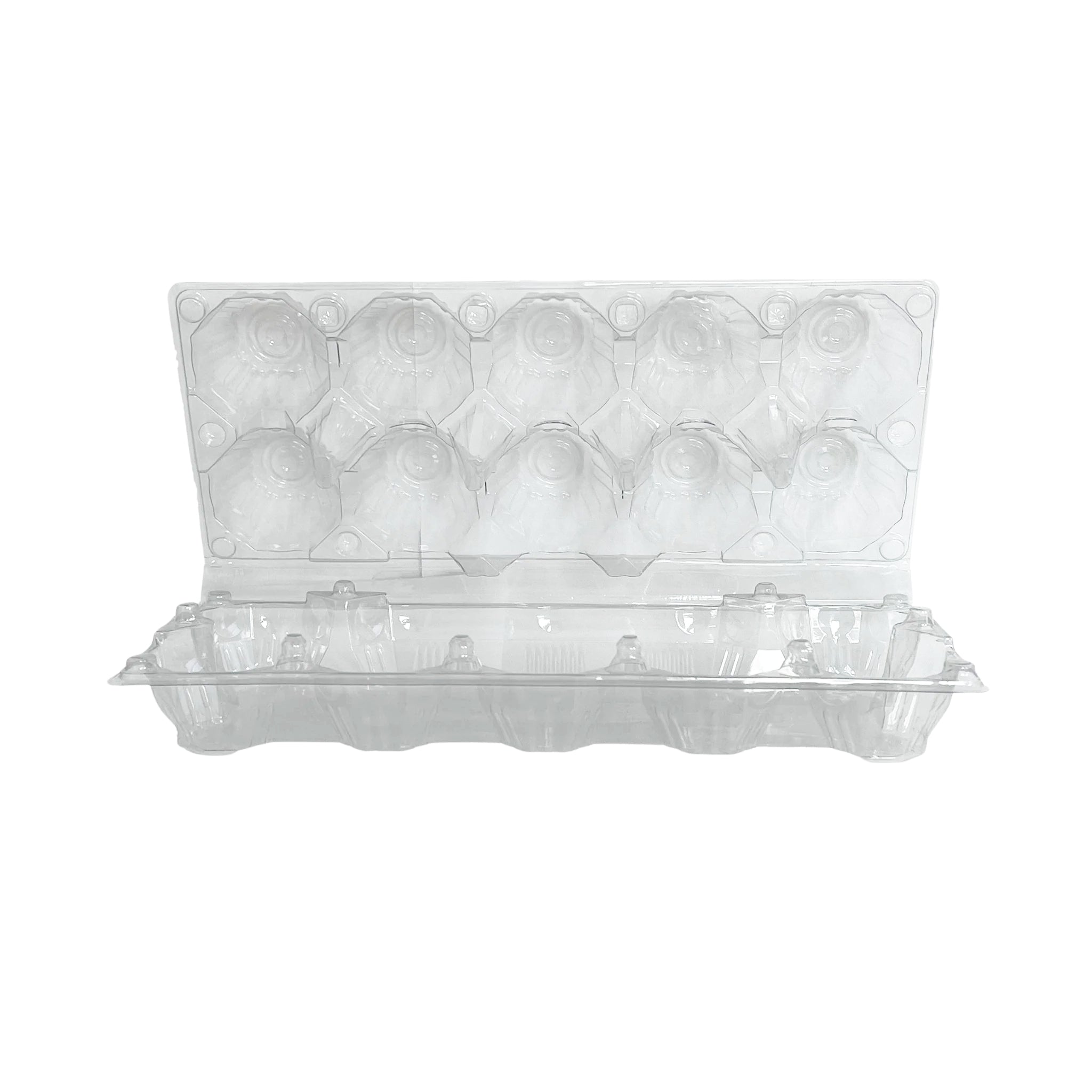 Clear plastic egg carton with 10 compartments for chicken eggs