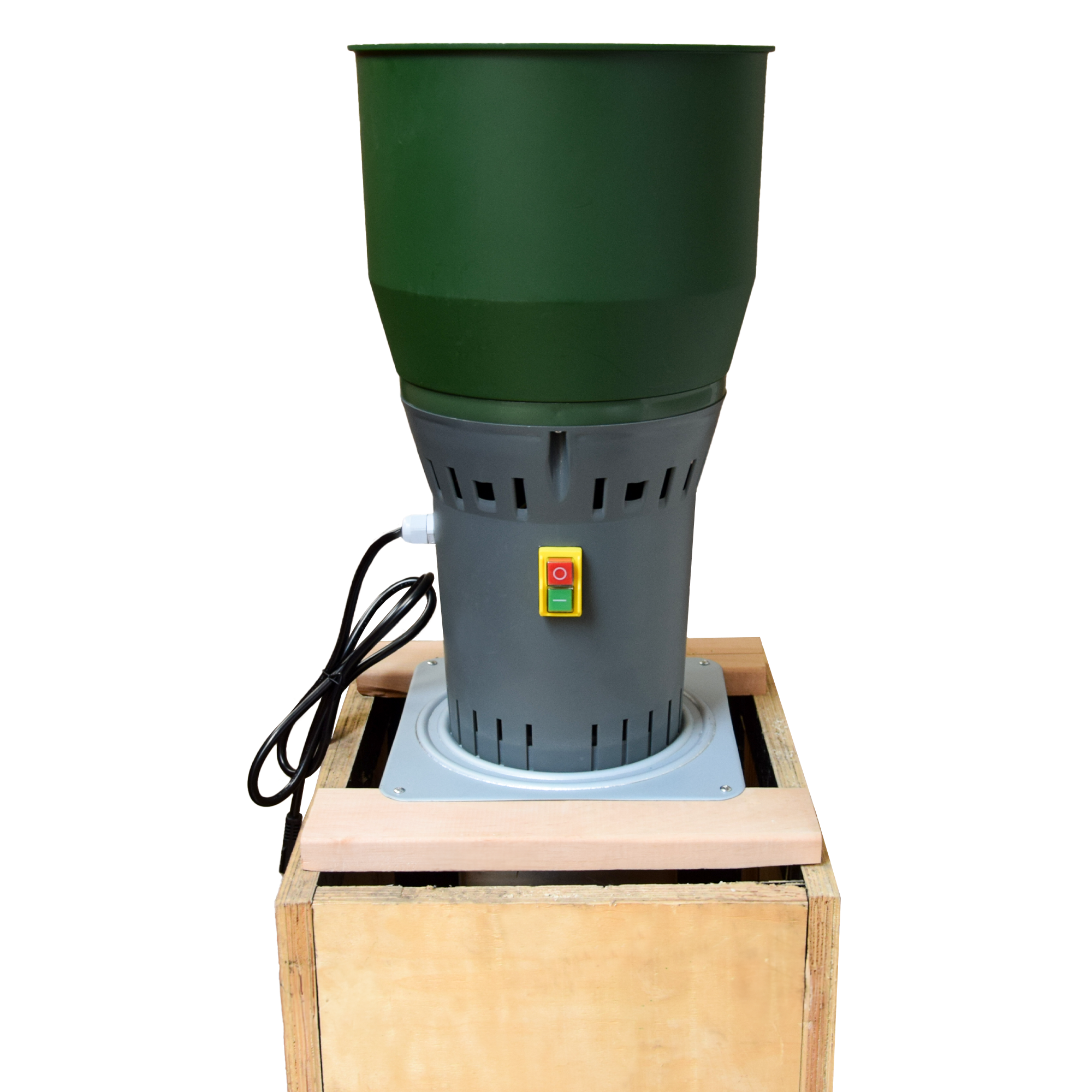 Compact feed grinder for preparing grain mixtures for turkeys and other poultry.