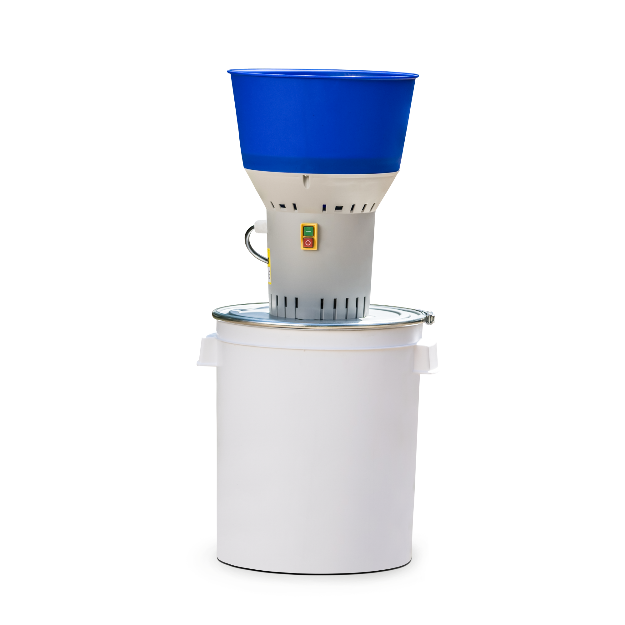 Compact grain grinder for preparing dry poultry feed on homesteads and small farms