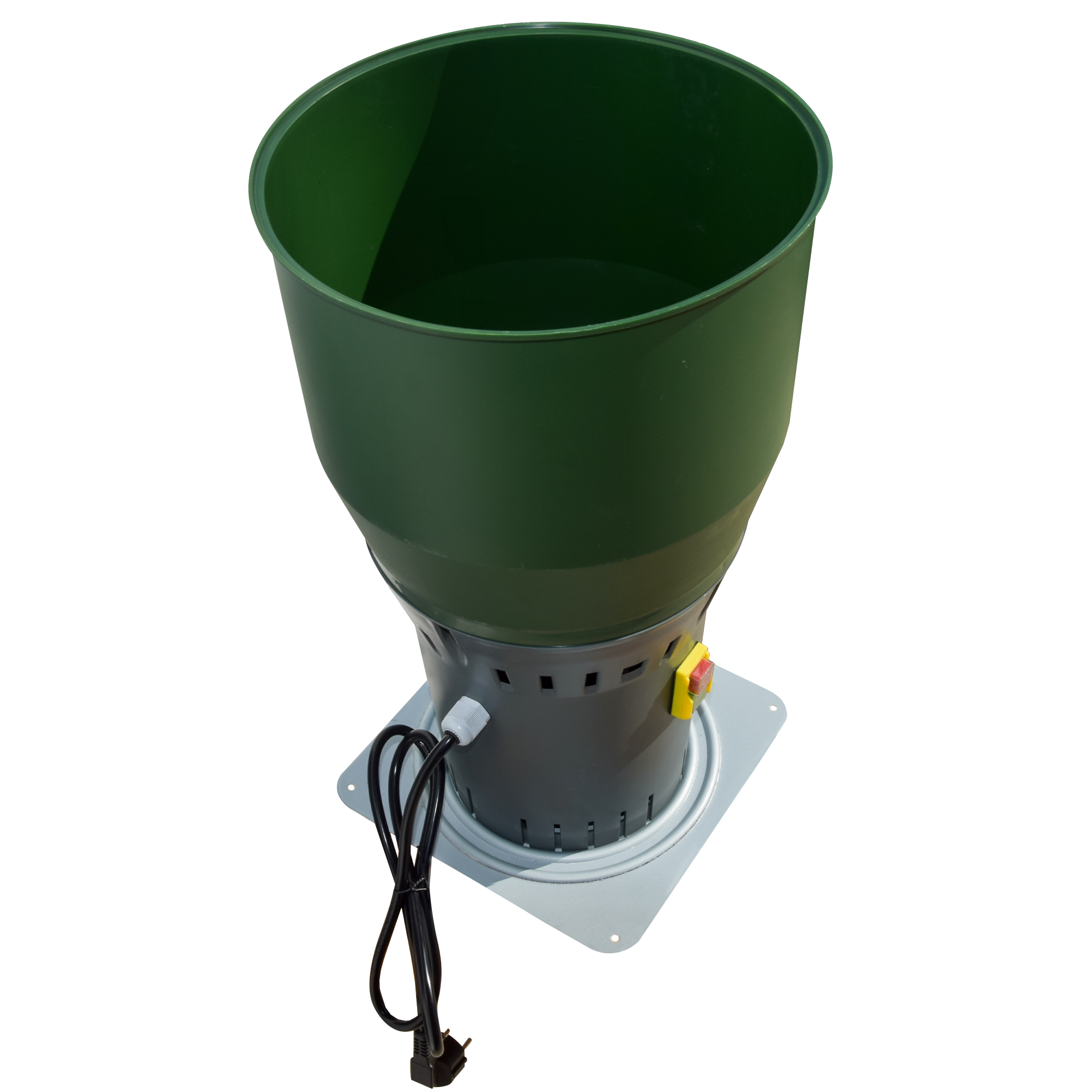 Compact grain milling machine with a plastic hopper and collection outlet.