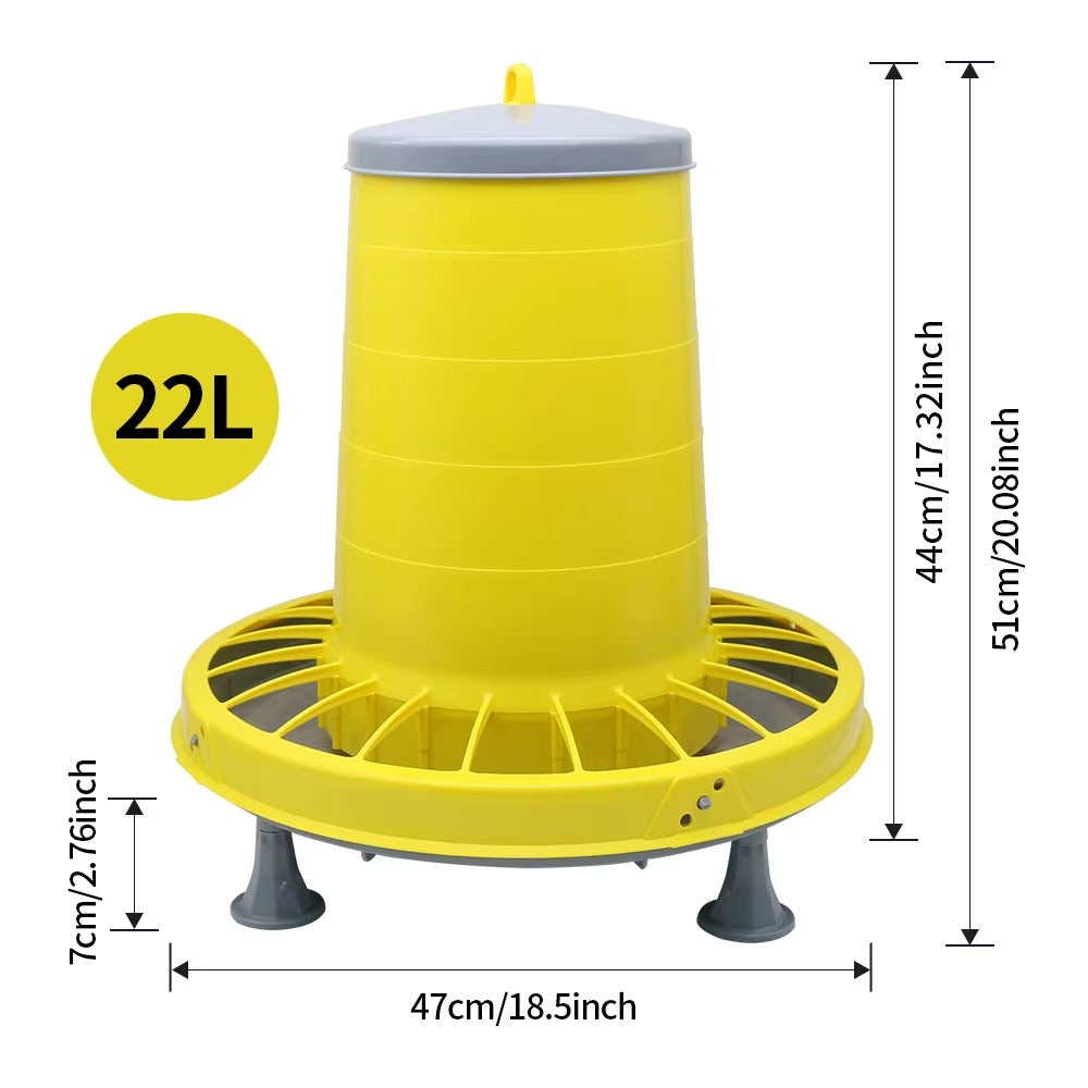 Compact plastic chicken feeder with adjustable feed levels and protective lid.