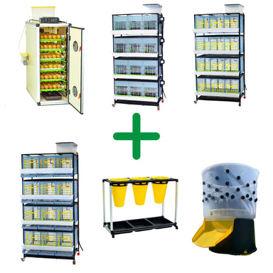 Complete Hatching Time chicken breeding kit with incubation, brooding, grow-out, and processing equipment.