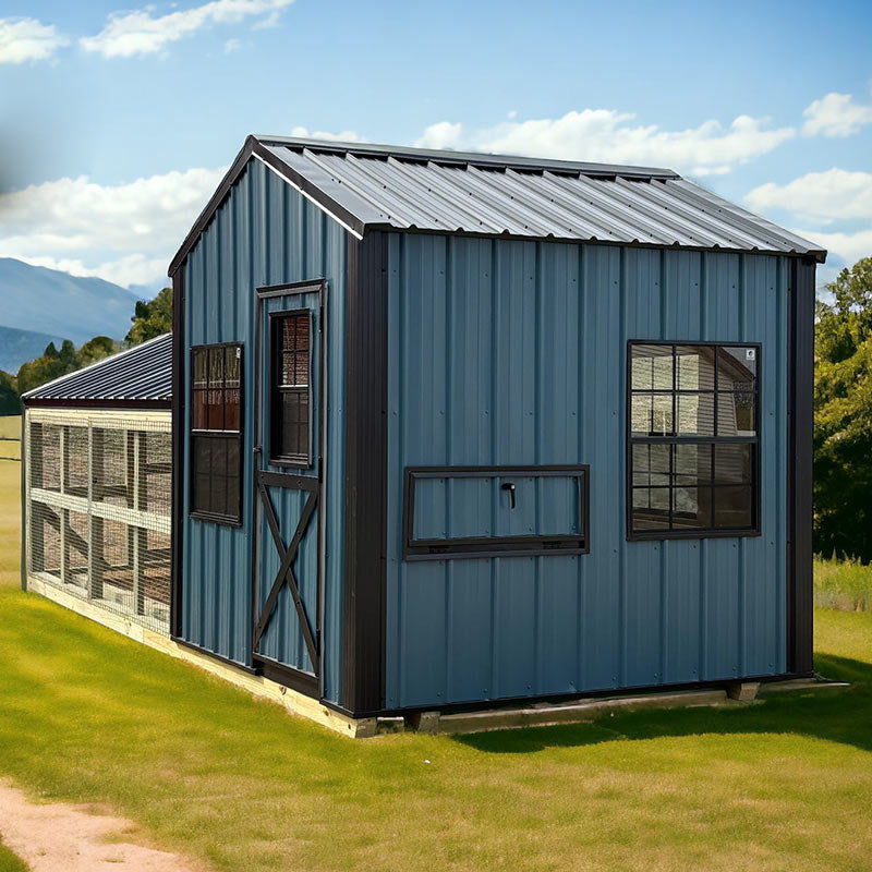Driftless Outdoors 8’ x 20’ Country Vibe Coop with Run blue