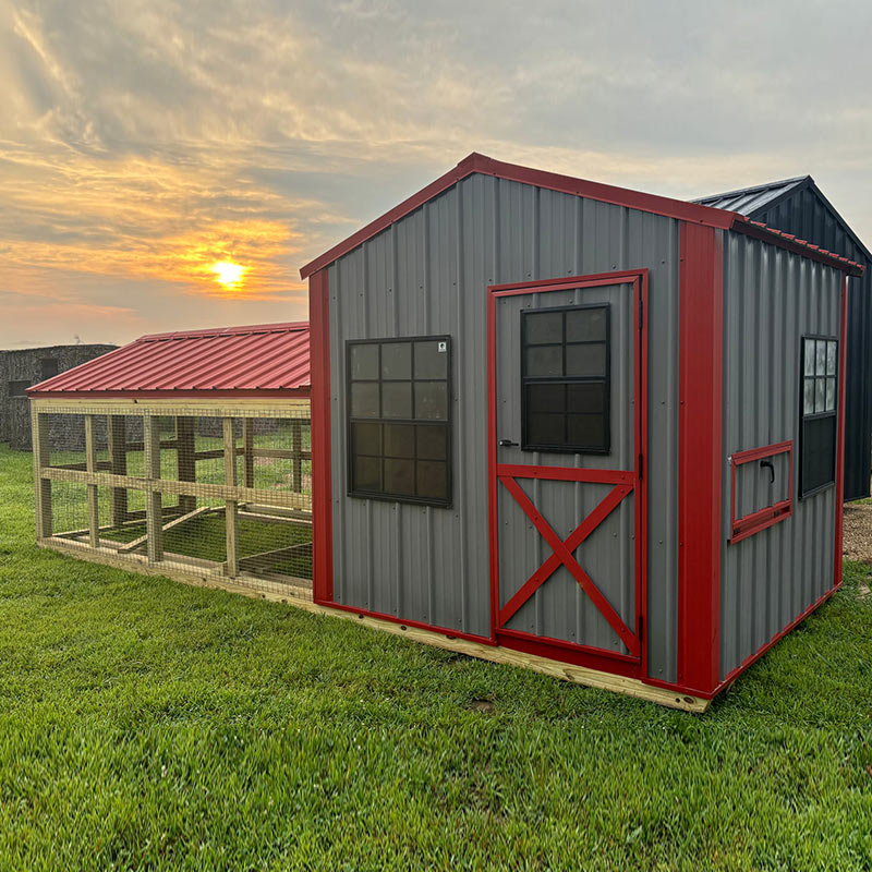 Driftless Outdoors 8’ x 20’ Country Vibe Coop with Run gray and red