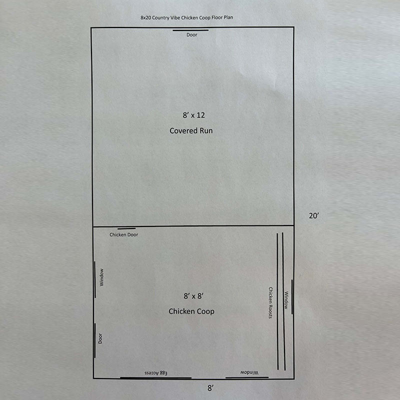Driftless Outdoors 8’ x 20’ Country Vibe Coop with Run dimensional layout